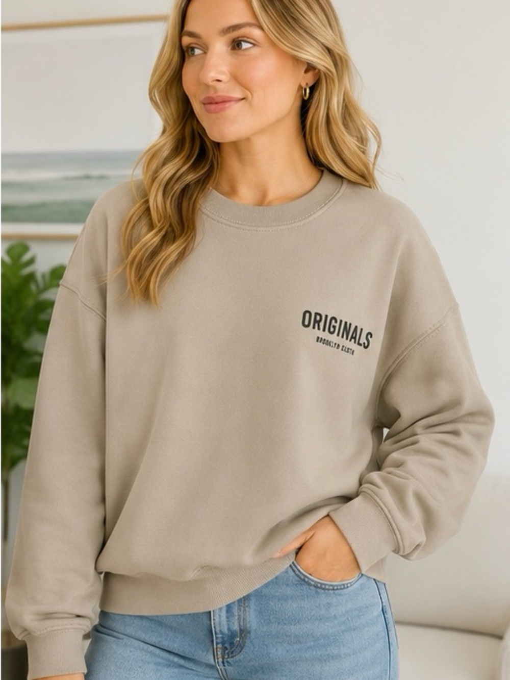 Originals Brooklyn Cloth Fleece Sweatshirt Taupe Oversized Graphic Medium